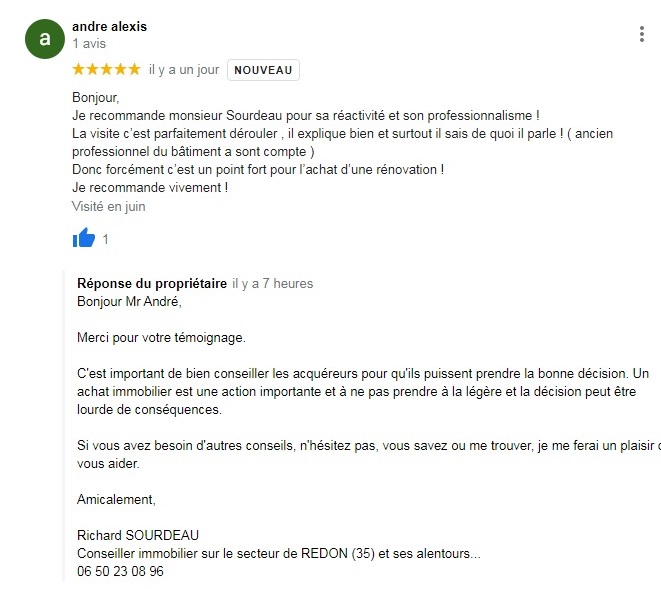 richard sourdeau, Conseiller Immobilier Massérac - témoignages - avis google 1